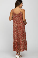 Burgundy Floral Sleeveless Ruffle Hem Maternity Maxi Dress