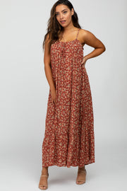 Burgundy Floral Sleeveless Ruffle Hem Maxi Dress