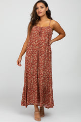 Burgundy Floral Sleeveless Ruffle Hem Maxi Dress