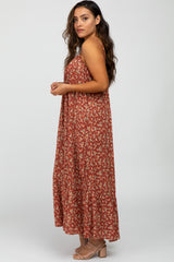 Burgundy Floral Sleeveless Ruffle Hem Maxi Dress