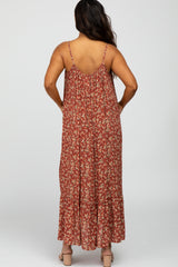 Burgundy Floral Sleeveless Ruffle Hem Maxi Dress