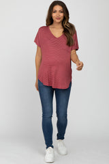 Red Striped Front Pocket Maternity Top