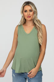 Light Olive Ribbed V-Neck Maternity Tank Top