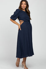 Navy Puff Sleeve Cutout Maternity Midi Dress