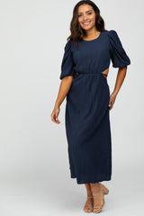 Navy Puff Sleeve Cutout Maternity Midi Dress