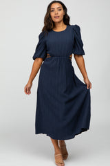 Navy Puff Sleeve Cutout Midi Dress