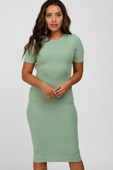 Green Ribbed Short Sleeve Fitted Dress