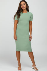 Green Ribbed Short Sleeve Fitted Maternity Dress