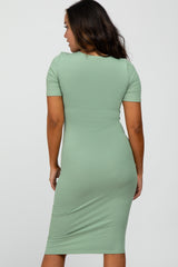 Green Ribbed Short Sleeve Fitted Dress