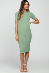 Green Ribbed Short Sleeve Fitted Maternity Dress