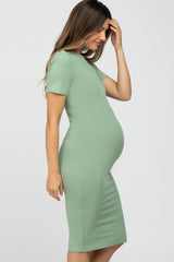 Green Ribbed Short Sleeve Fitted Maternity Dress