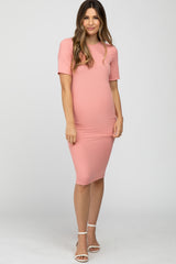 Light Pink Ribbed Short Sleeve Fitted Maternity Dress