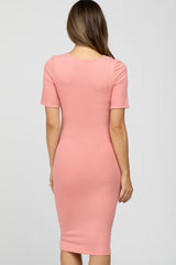 Light Pink Ribbed Short Sleeve Fitted Maternity Dress