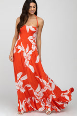 Orange Floral Cut Out Back Maternity Maxi Dress