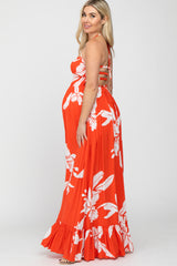 Orange Floral Cut Out Back Maternity Maxi Dress