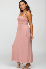 Pink Linen Square Neck Smocked Ruffle Strap Midi Dress