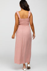 Pink Linen Square Neck Smocked Ruffle Strap Midi Dress