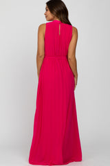 Fuchsia Mock Neck Pleated Maternity Maxi Dress