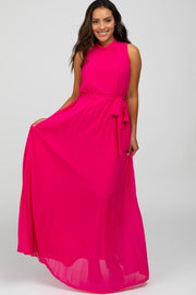 Fuchsia Mock Neck Pleated Maxi Dress