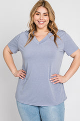 Blue Heathered V-Neck Plus Top