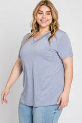 Blue Heathered V-Neck Plus Top