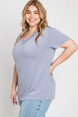 Blue Heathered V-Neck Plus Top