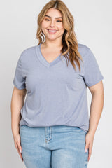 Blue Heathered V-Neck Plus Top