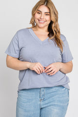 Blue Heathered V-Neck Plus Top