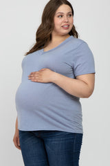 Blue Heathered V-Neck Plus Maternity Top