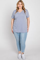 Blue Heathered V-Neck Plus Top