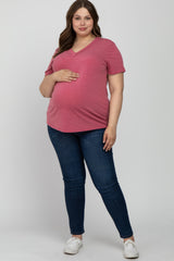 Mauve Heathered V-Neck Plus Maternity Top