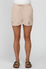 Taupe Distressed Drawstring Maternity Lounge Shorts