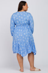 Blue Floral Ruffle Hem Plus Dress