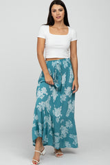 Teal Floral Smocked Elastic Waist Maxi Skirt