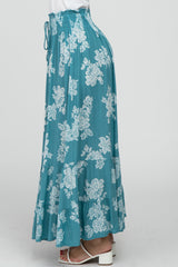 Teal Floral Smocked Elastic Waist Maxi Skirt