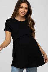 Black Solid Crochet Peplum Maternity Top