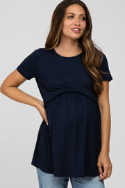 Navy Solid Crochet Peplum Maternity Top