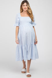 Light Blue Smocked Square Neck Puff Sleeve Maternity Midi Dress