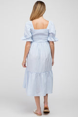 Light Blue Smocked Square Neck Puff Sleeve Maternity Midi Dress