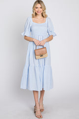 Light Blue Smocked Square Neck Puff Sleeve Maternity Midi Dress