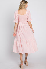 Pink Gingham Smocked Square Neck Puff Sleeve Midi Dress