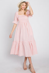 Pink Gingham Smocked Square Neck Puff Sleeve Midi Dress