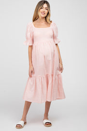 Pink Gingham Smocked Square Neck Puff Sleeve Maternity Midi Dress