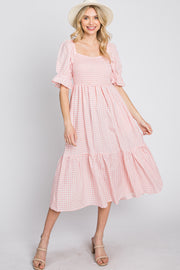 Pink Gingham Smocked Square Neck Puff Sleeve Midi Dress