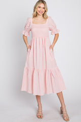 Pink Gingham Smocked Square Neck Puff Sleeve Midi Dress