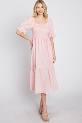 Pink Gingham Smocked Square Neck Puff Sleeve Midi Dress