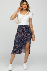 Navy Blue Floral Ruched Split Side Midi Skirt