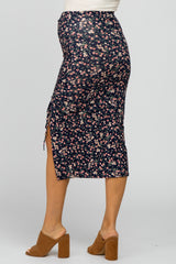 Navy Blue Floral Ruched Split Side Maternity Midi Skirt