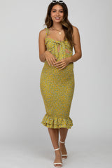 Yellow Floral Tied Front Cutout Smocked Maternity Dress