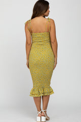 Yellow Floral Tied Front Cutout Smocked Maternity Dress